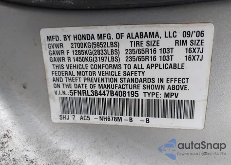2007 Honda Odyssey Ex from USA, damaged, VIN 5FNRL38447B408195